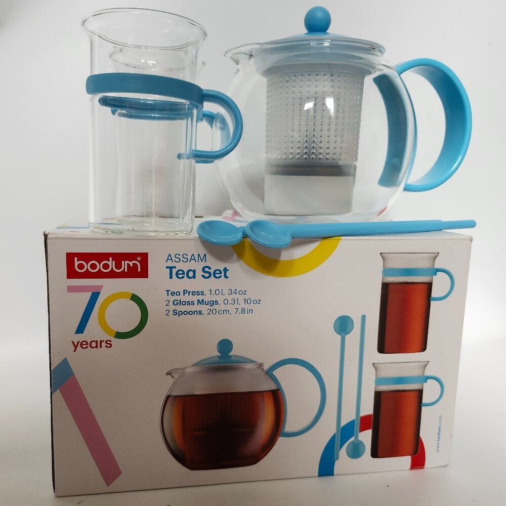 BNIP BODUM ASSAM Tea Set in Light Blue Tea Press 2 Glass Mugs 2 Stirring Spoons